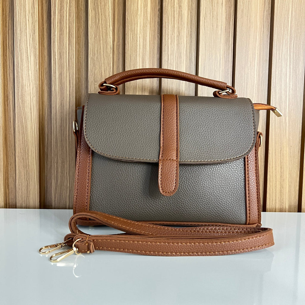 Grey & Tan Satchel Handbag for Women – Front View with Strap - Top Handle Crossbody Bag with Detachable Strap