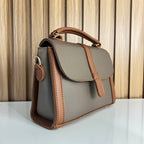 Grey & Tan Satchel Handbag for Women – Side View - Top Handle Crossbody Bag with Detachable Strap