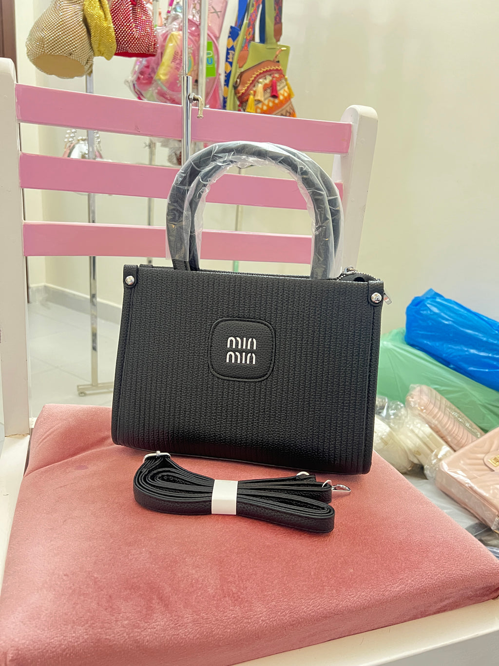 Structured Ribbed Tote Bag with Logo Patch & Detachable Strap for Women in Pakistan