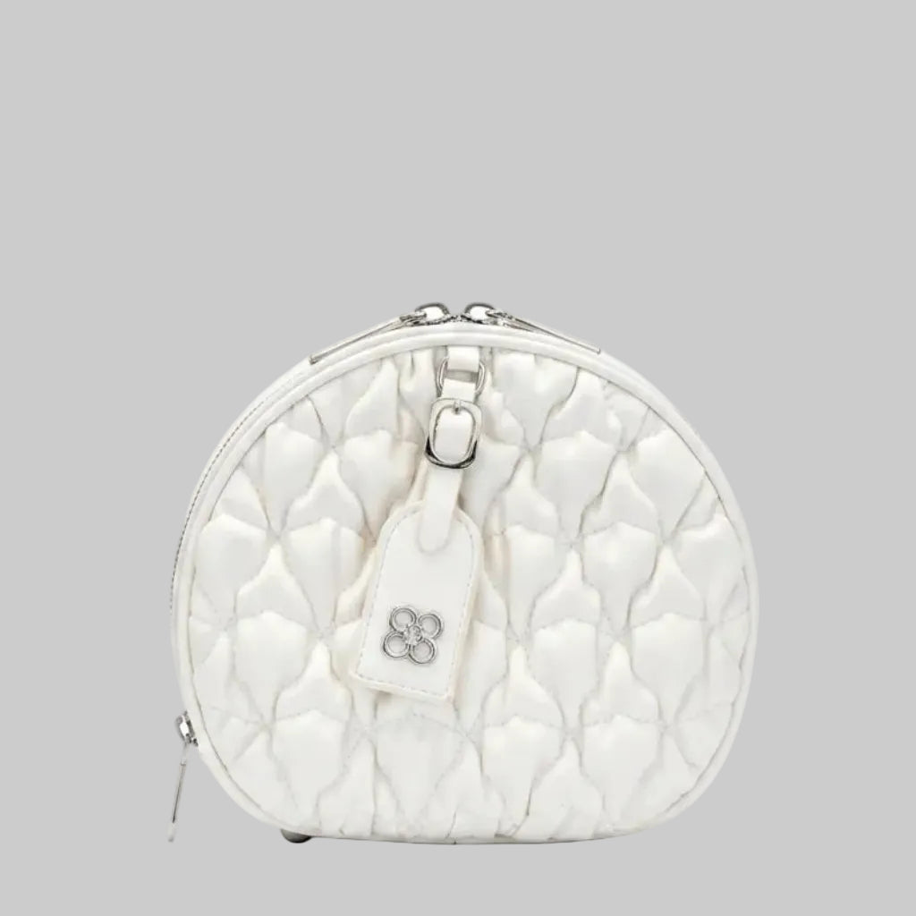 Round Quilted Vanity Bag with Chain Strap & Flower Logo – Women's Mini Crossbody in Pakistan