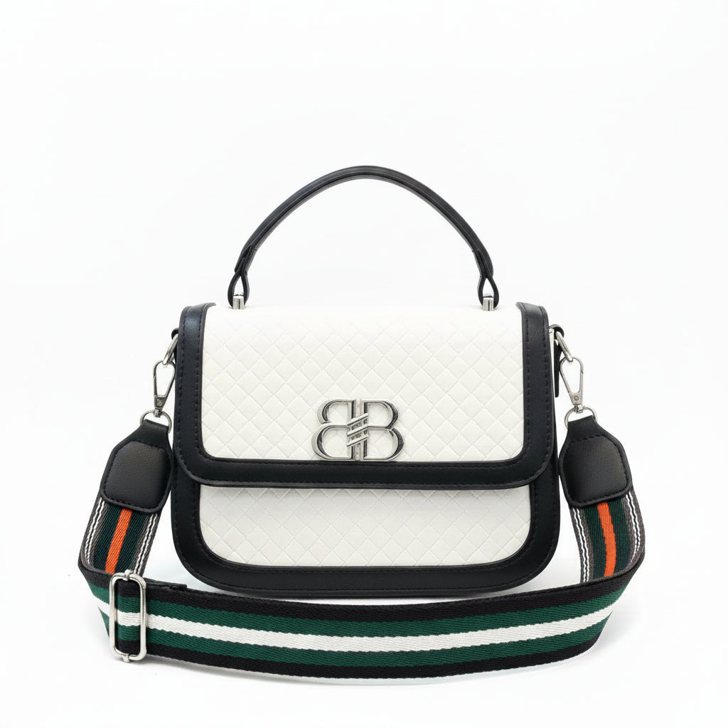 BB Logo Quilted Flap Crossbody Bag with Striped Strap & Top Handle for Women in Pakistan