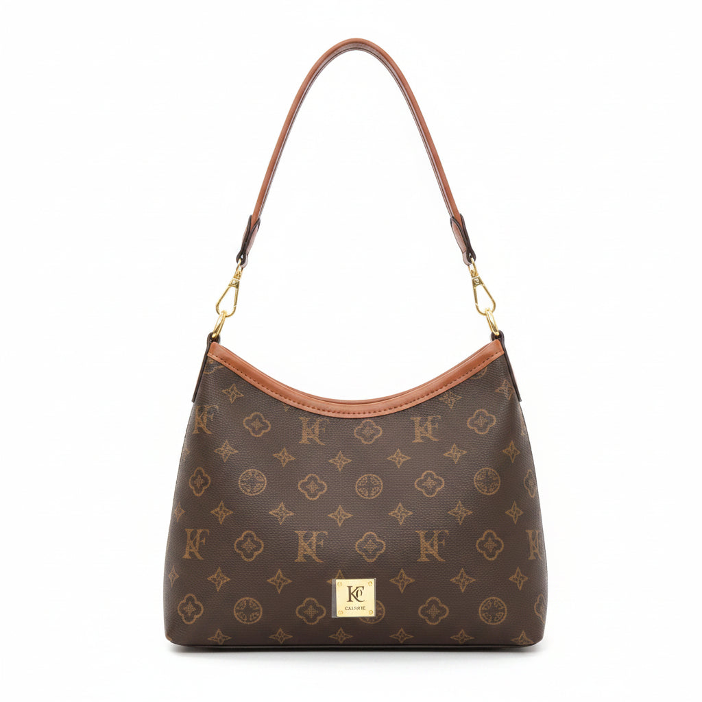 KF Monogram Hobo Shoulder Bag with Tan Leather Trim & Gold Hardware for Women in Pakistan