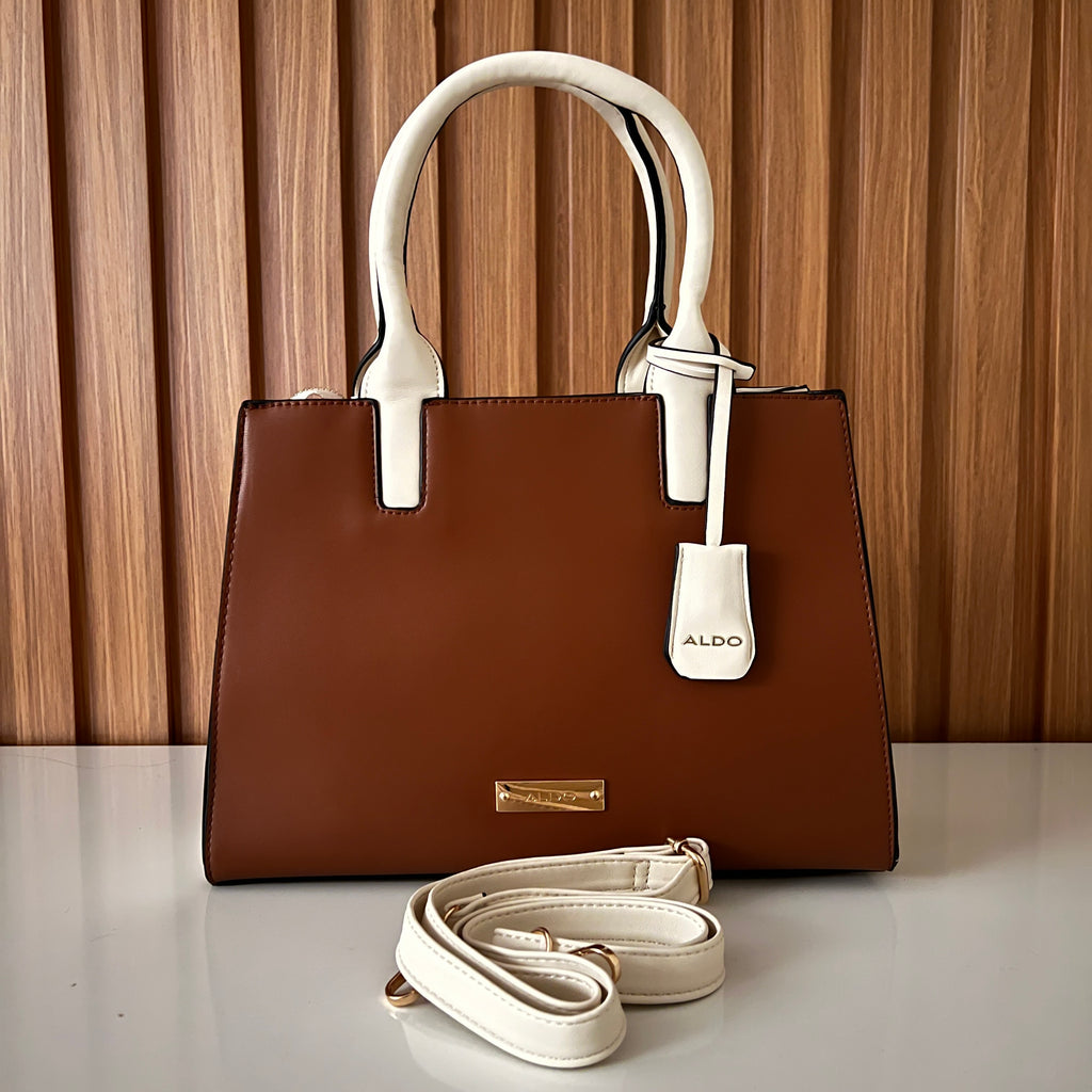 Brown & Cream Structured Tote Handbag with Detachable Strap
