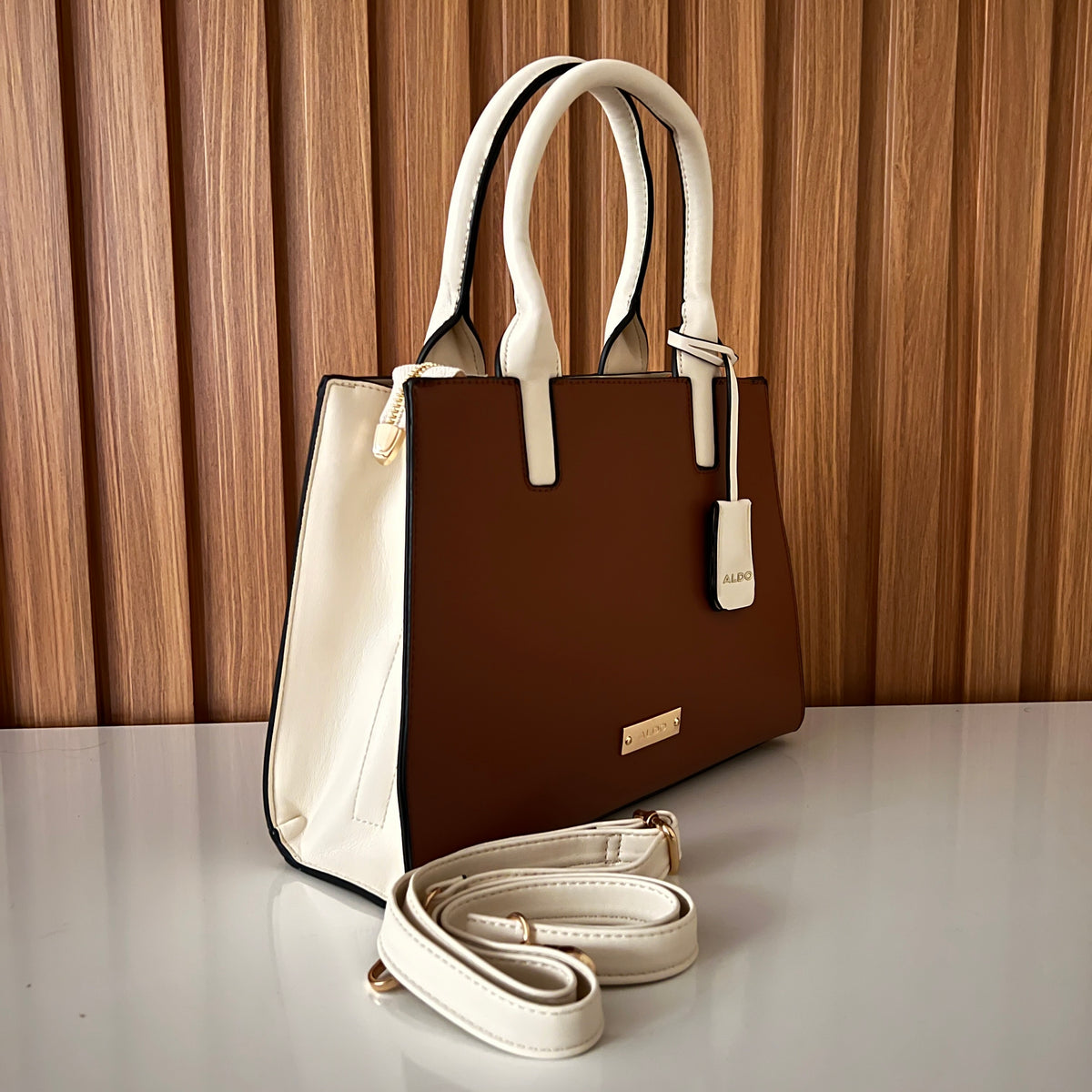 Brown & Cream Structured Tote Handbag with Detachable Strap