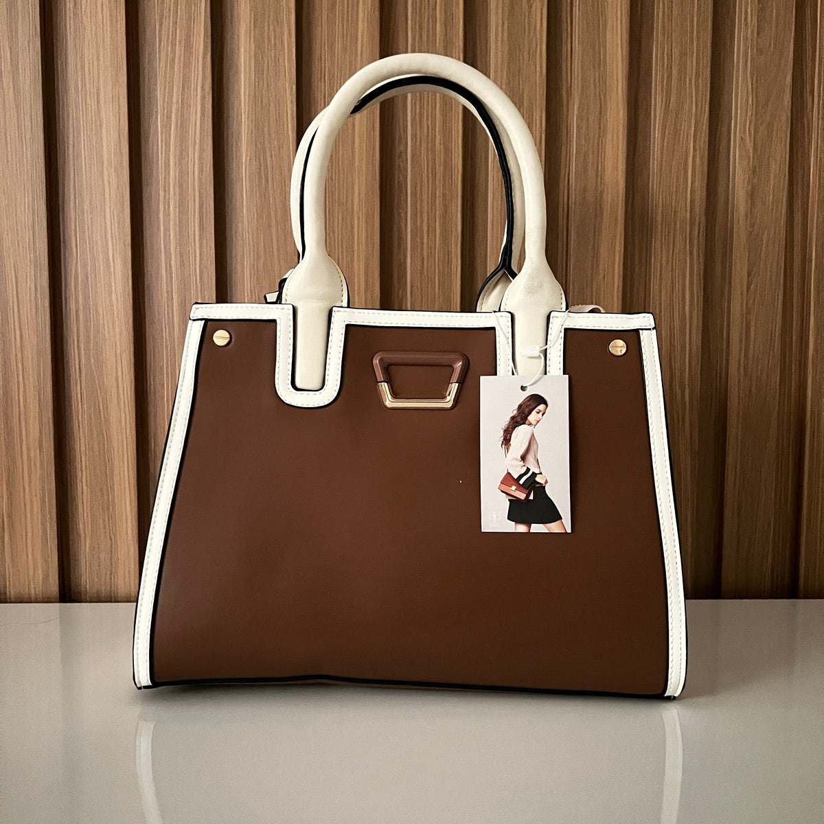Brown & Cream Structured Tote Handbag with Detachable Strap