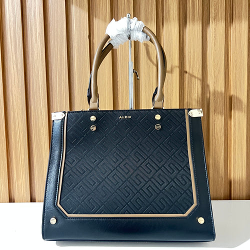 Black & Tan Textured Structured Tote Handbag with Detachable Strap