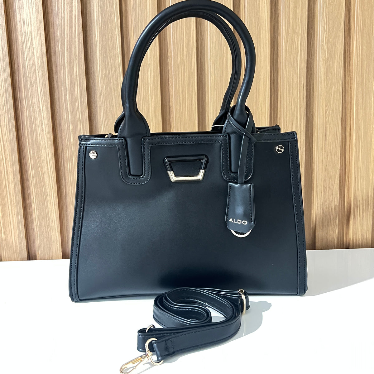 Black Structured Tote Handbag with Detachable Shoulder Strap