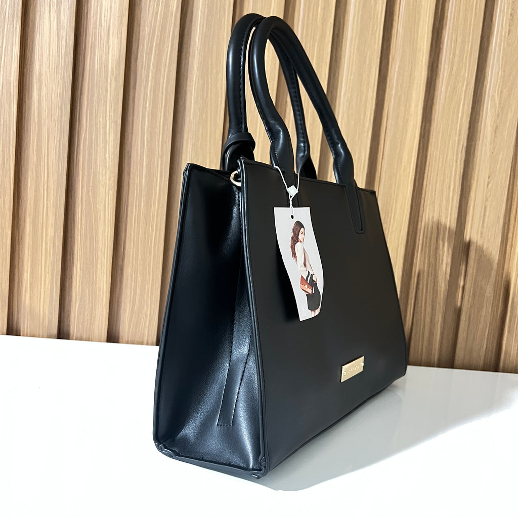 Black Structured Tote Handbag with Detachable Shoulder Strap