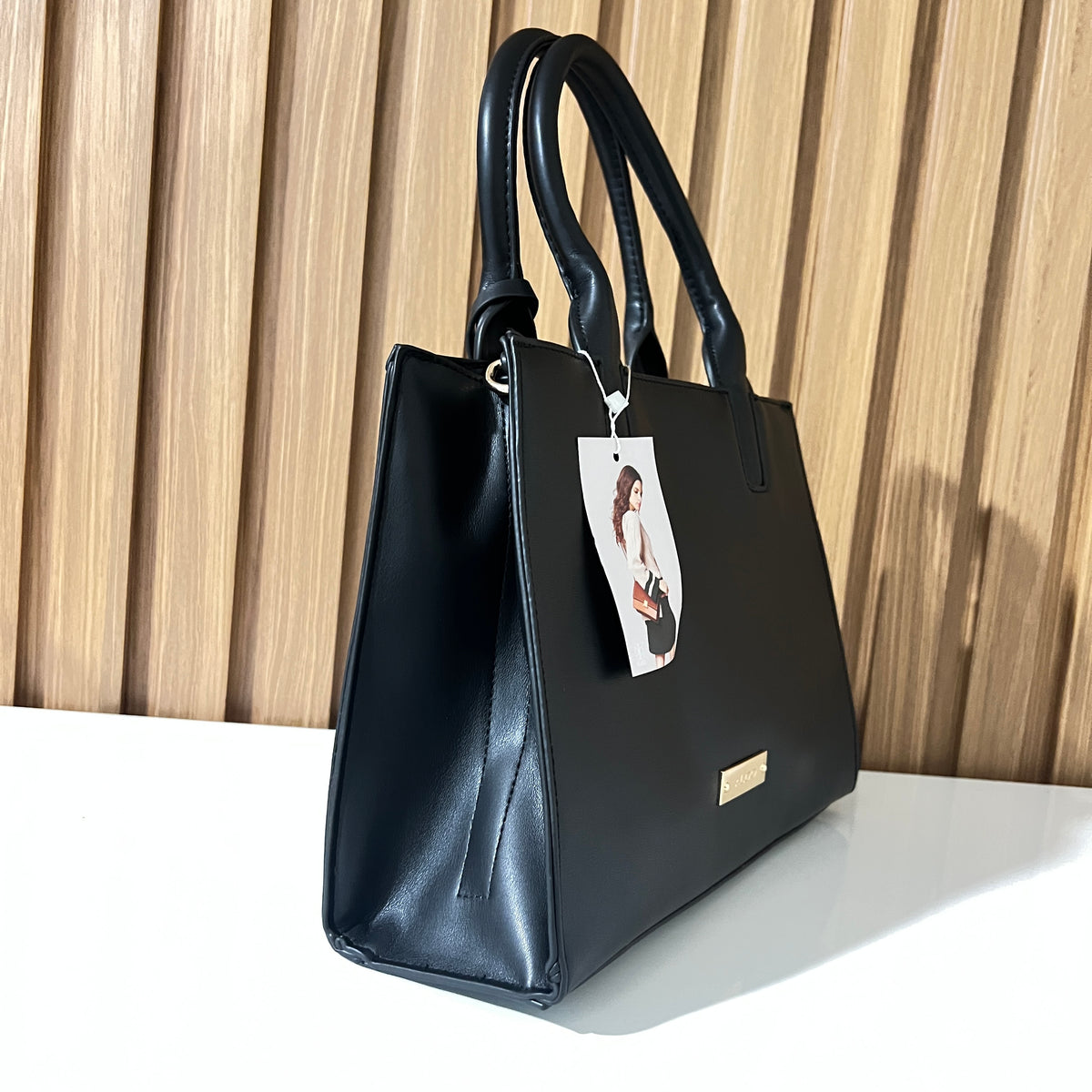 Black Structured Tote Handbag with Detachable Shoulder Strap