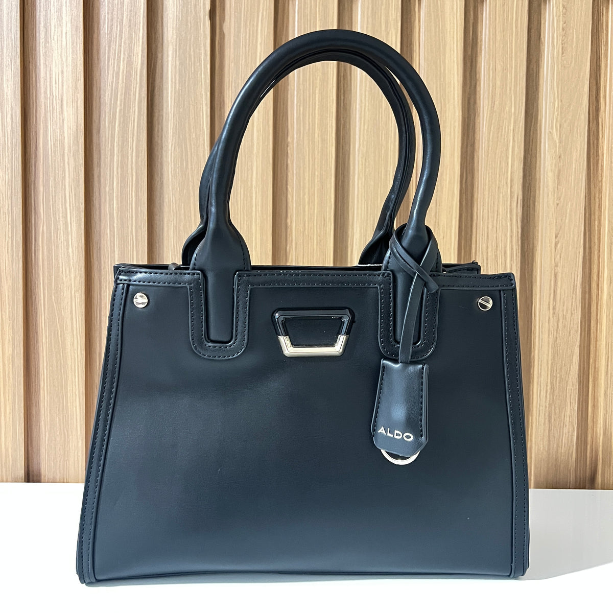Black Structured Tote Handbag with Detachable Shoulder Strap