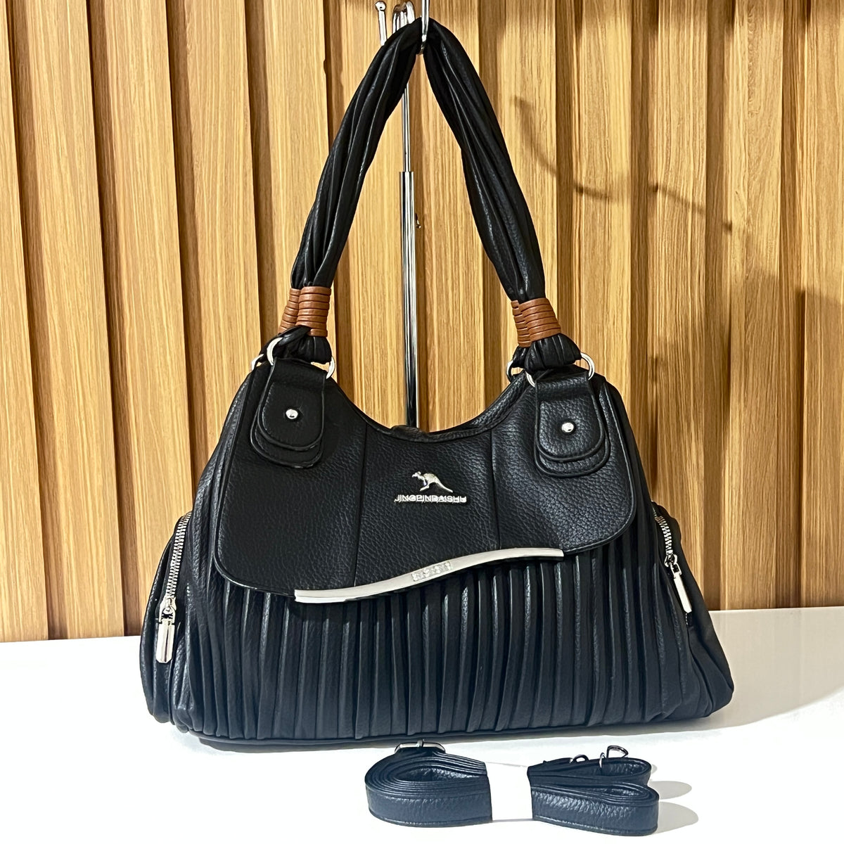 Black Pleated Hobo Handbag with Detachable Strap