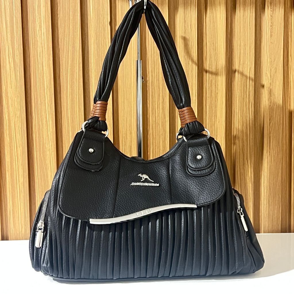 Black Pleated Hobo Handbag with Detachable Strap