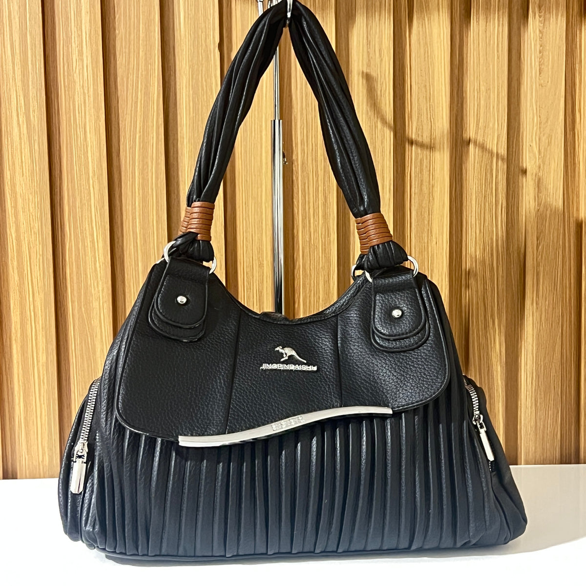 Black Pleated Hobo Handbag with Detachable Strap