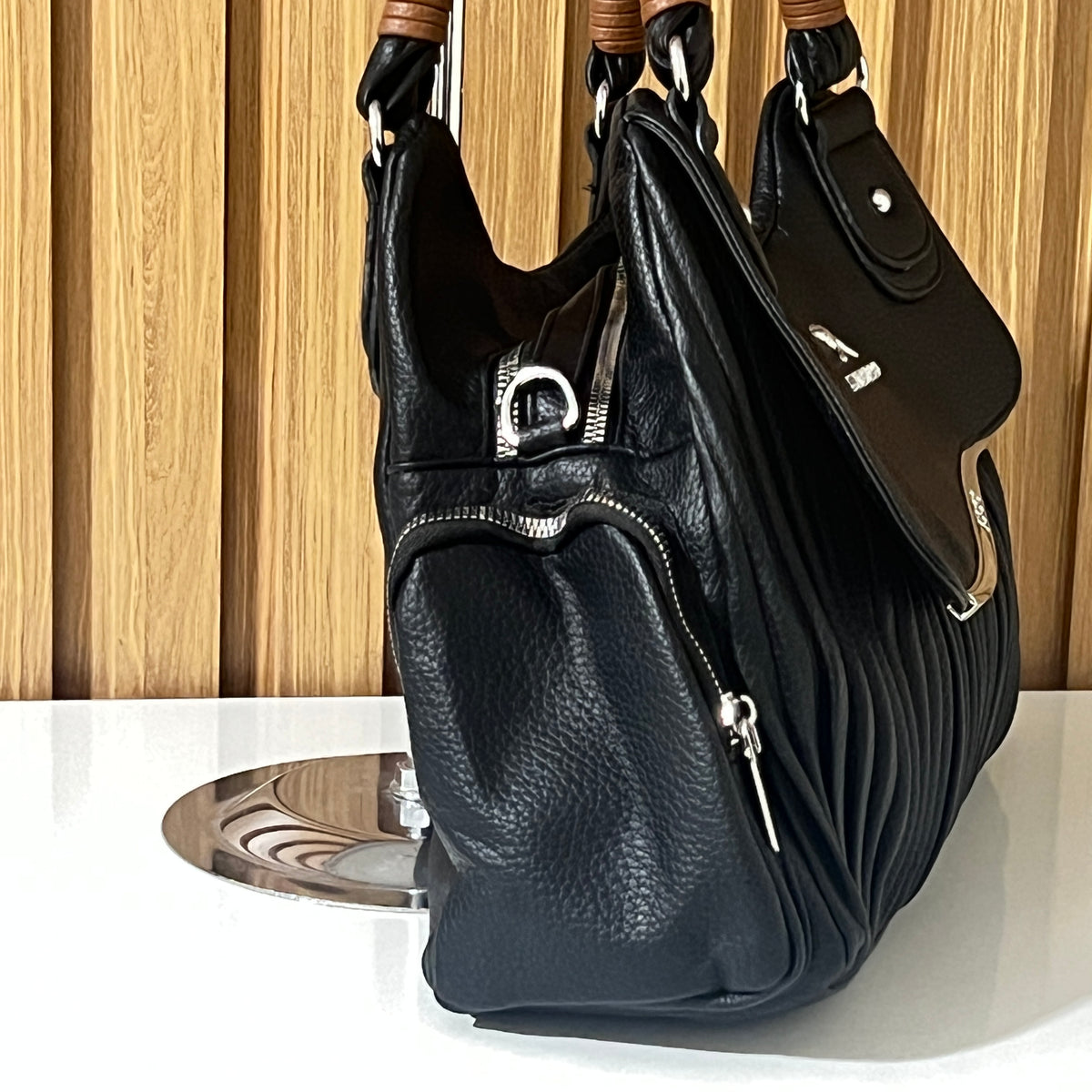 Black Pleated Hobo Handbag with Detachable Strap