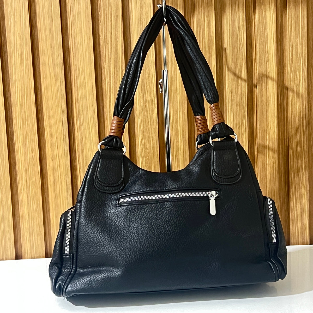 Black Pleated Hobo Handbag with Detachable Strap