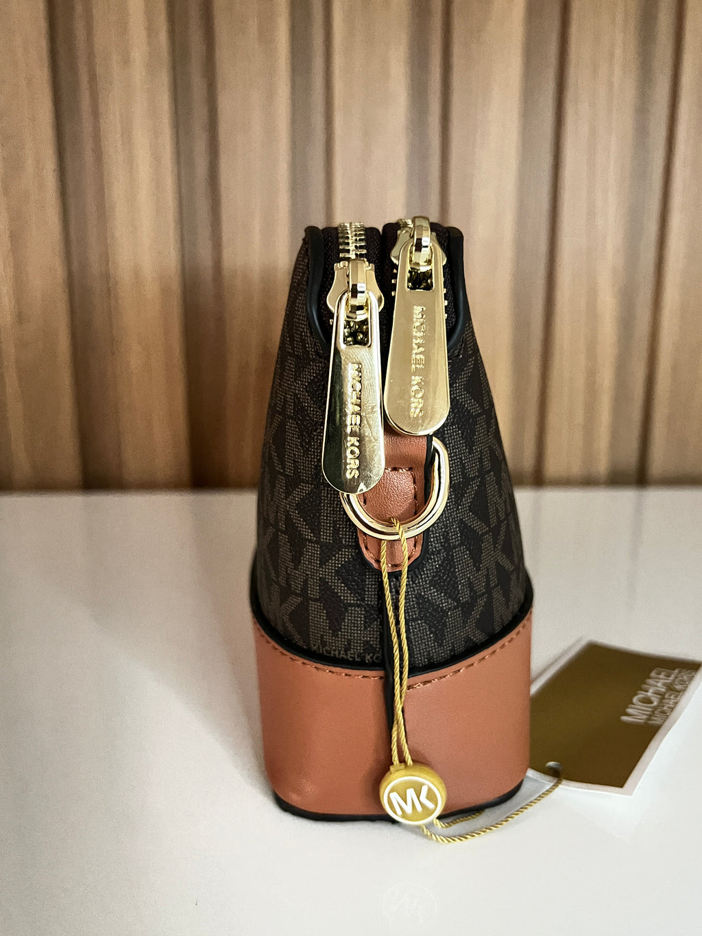 Logo Print Crossbody Camera Bag – Brown & Tan Two-Tone by Meraki by Emaan Pakistan