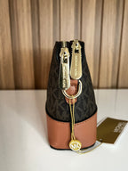 Logo Print Crossbody Camera Bag – Brown & Tan Two-Tone by Meraki by Emaan Pakistan