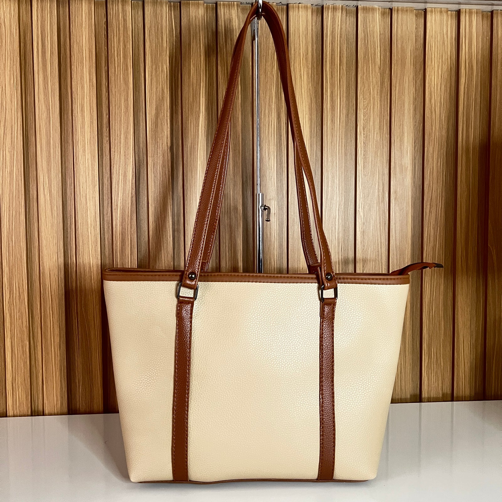 Large Cream Tote Bag for Women – Front Front Hanging View - Spacious Shoulder Handbag with Zip Closure for Office & University