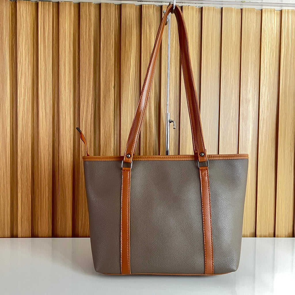 Large Taupe Grey Tote Bag for Women – Front Hanging View Spacious Shoulder Handbag with Zip Closure for Office & University