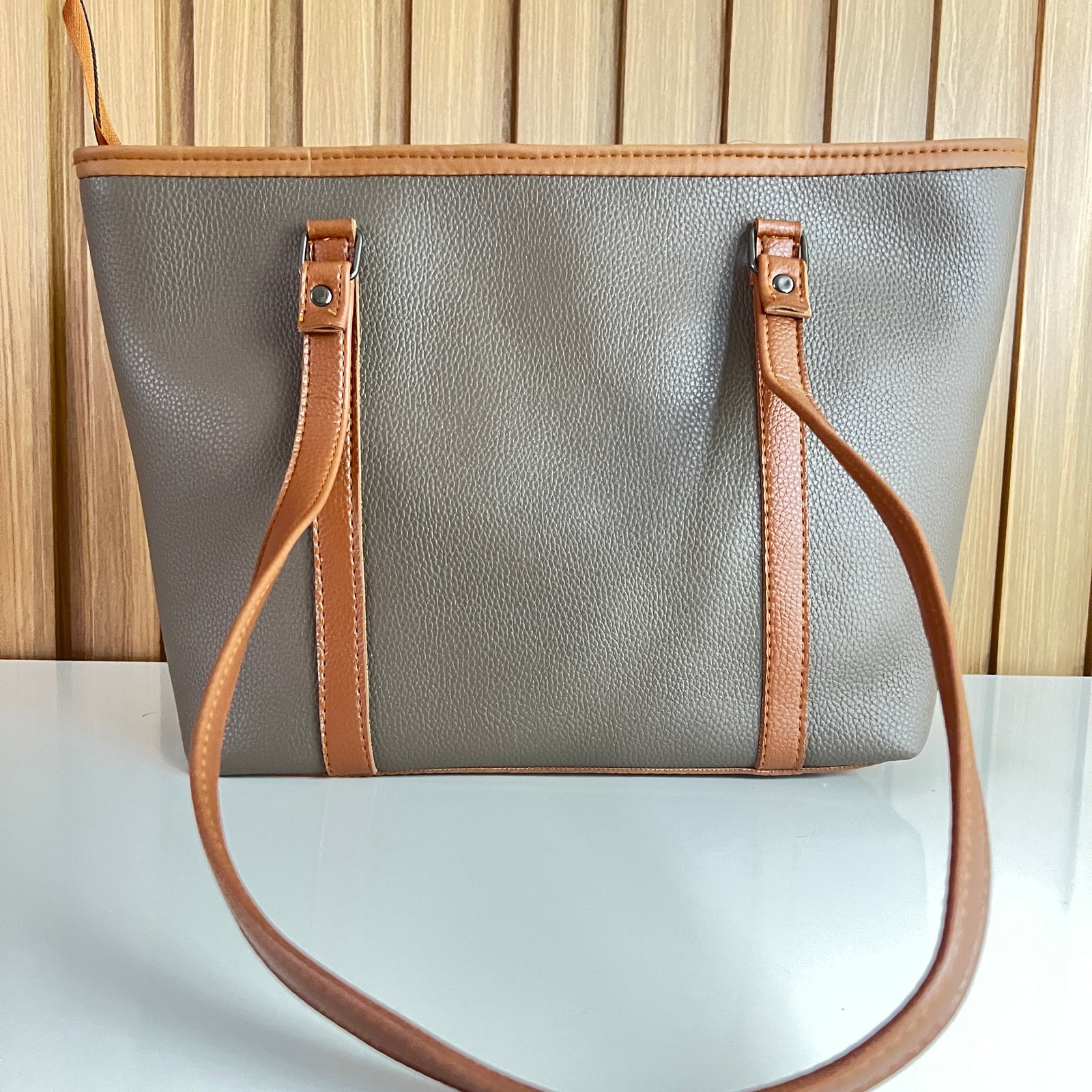 Large Taupe Grey Tote Bag for Women – Front View Spacious Shoulder Handbag with Zip Closure for Office & University