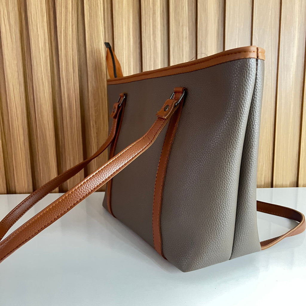 Large Taupe Grey Tote Bag for Women – Side View Spacious Shoulder Handbag with Zip Closure for Office & University