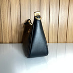 Logo Print Crescent Shoulder Bag – Brown & Black with Gold Chain Strap by Meraki by Emaan Pakistan - Side View