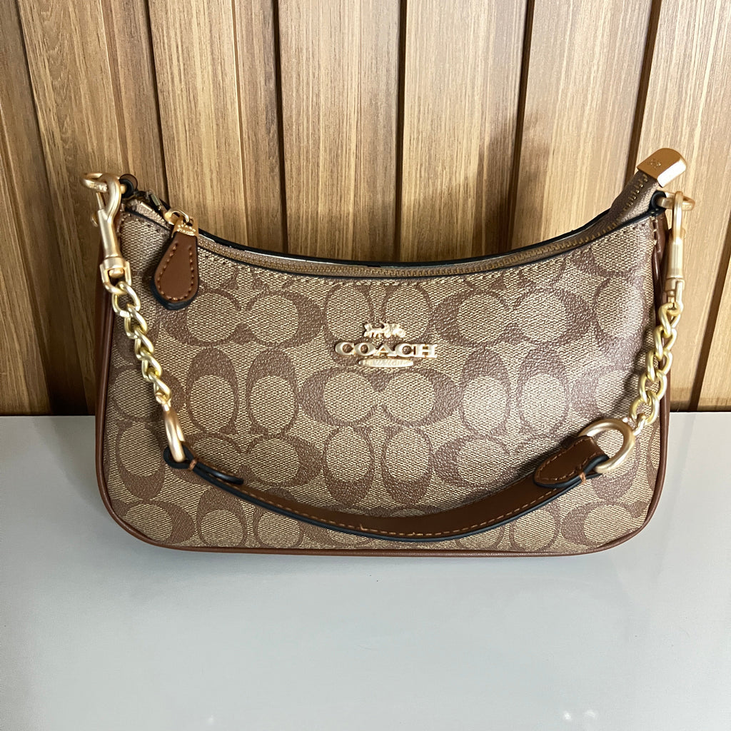 Logo Print Crescent Shoulder Bag – Khaki & Saddle with Gold Chain Strap by Meraki by Emaan Pakistan - Font View Mini Strap