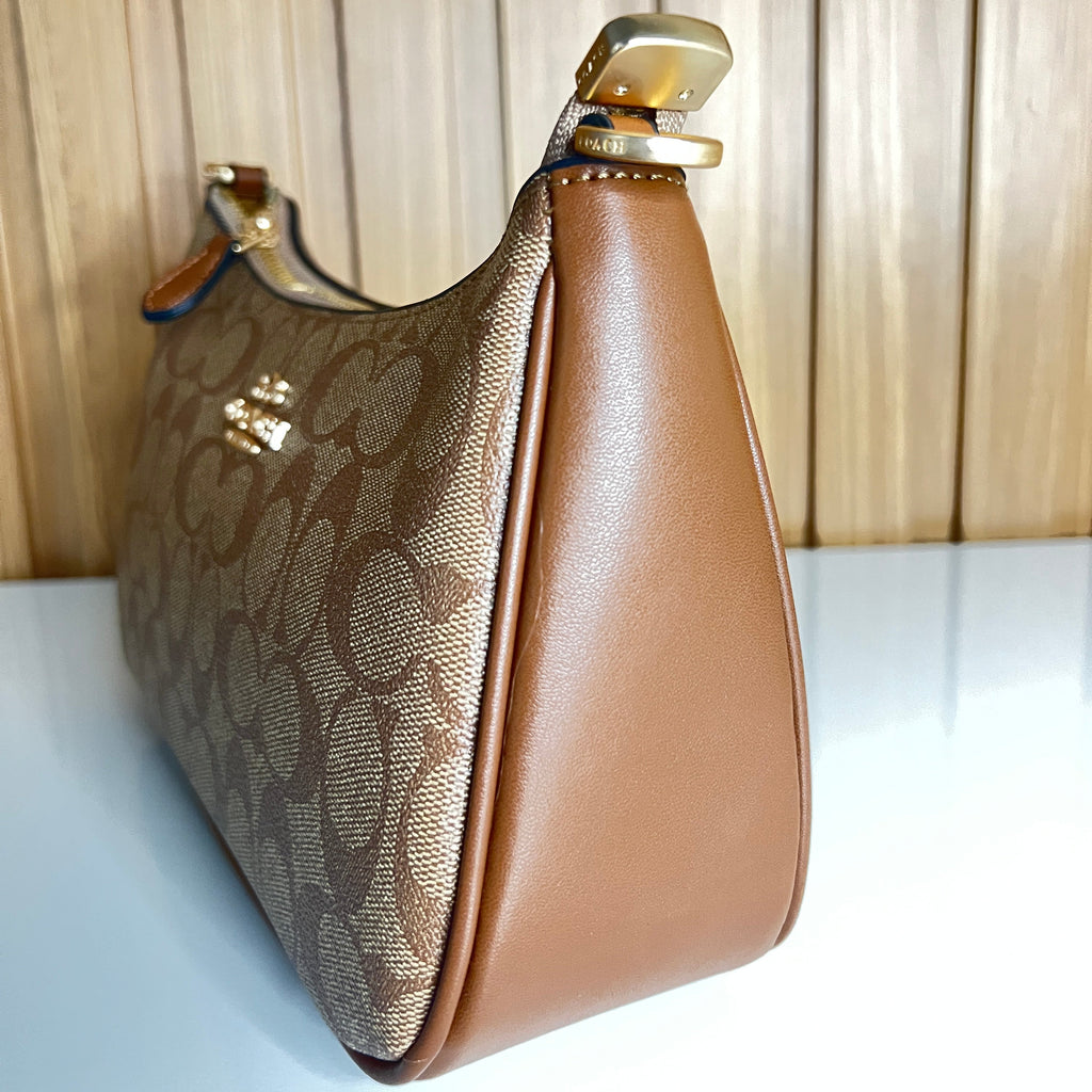 Logo Print Crescent Shoulder Bag – Khaki & Saddle with Gold Chain Strap by Meraki by Emaan Pakistan - Side View