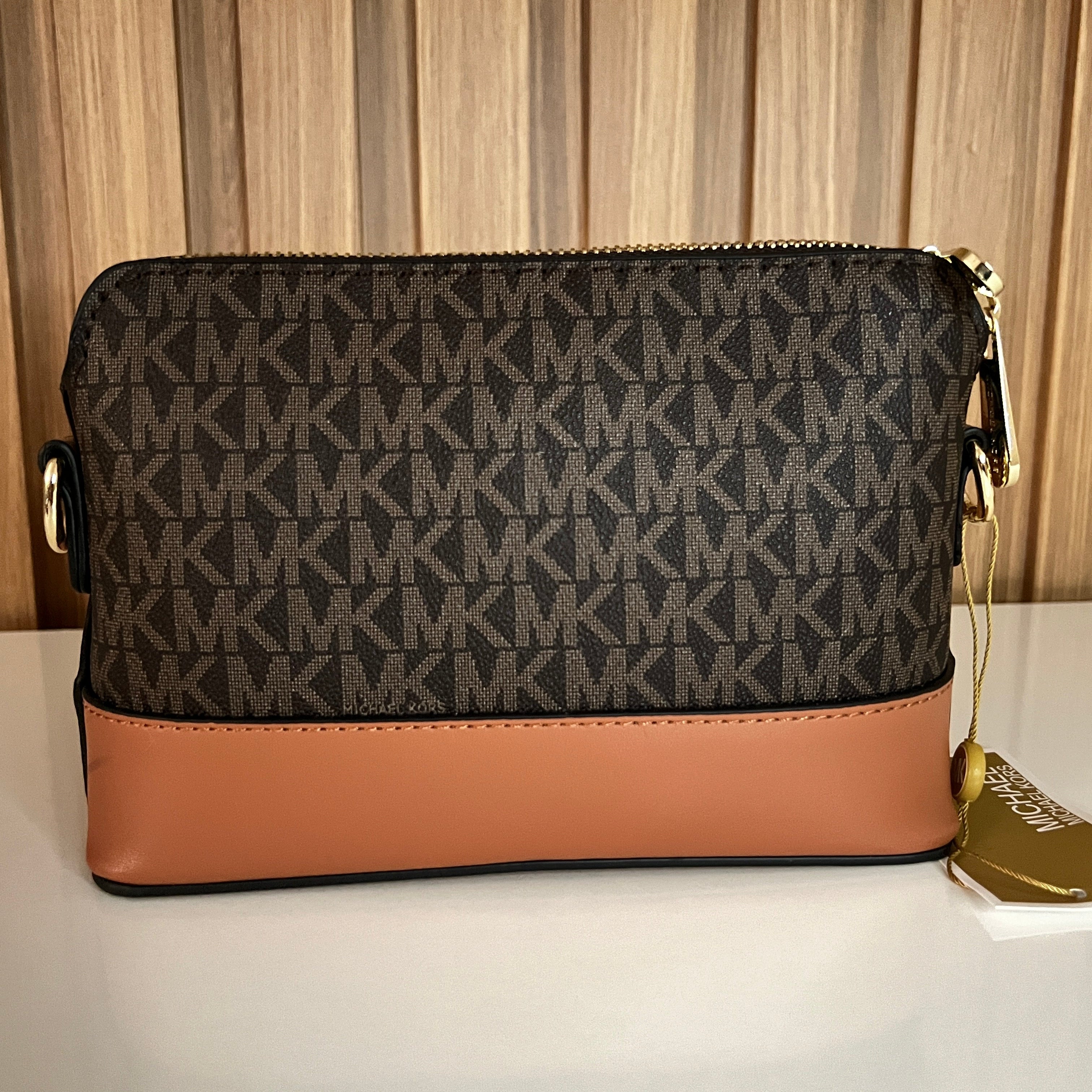 Logo Print Crossbody Camera Bag – Brown & Tan Two-Tone by Meraki by Emaan Pakistan - Back Side View