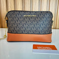 Logo Print Crossbody Camera Bag – Brown & Tan Two-Tone by Meraki by Emaan Pakistan - Front View