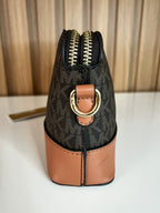 Logo Print Crossbody Camera Bag – Brown & Tan Two-Tone by Meraki by Emaan Pakistan -  Side View