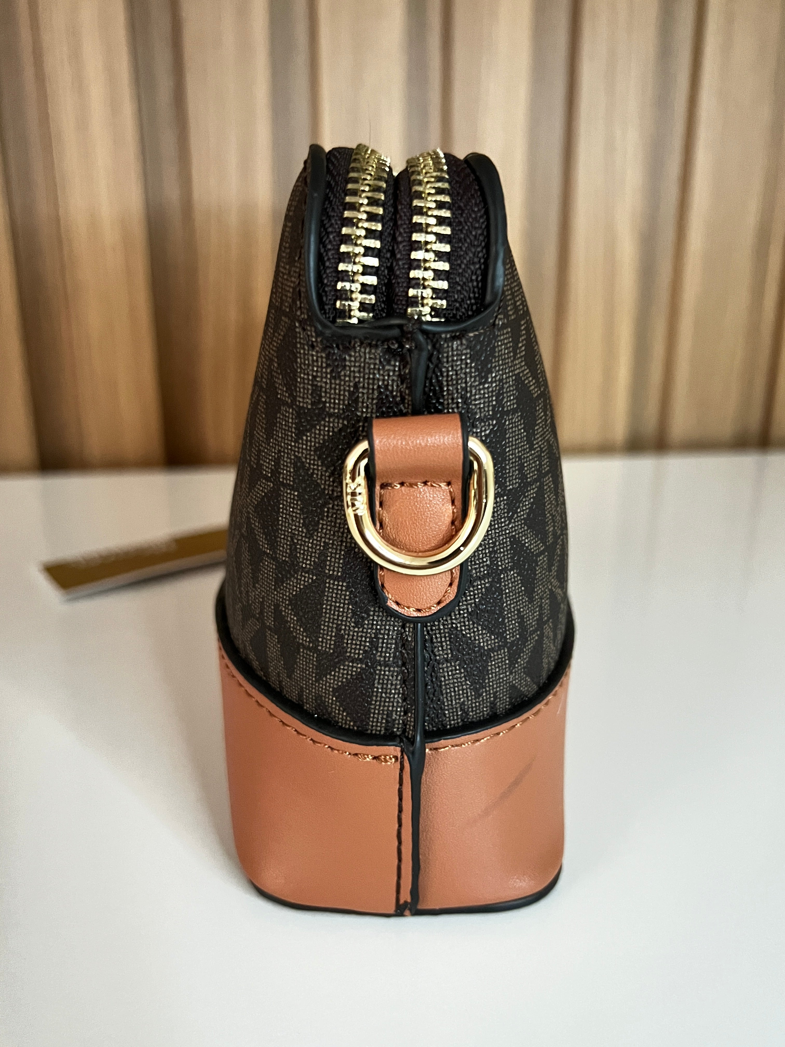 Logo Print Crossbody Camera Bag – Brown & Tan Two-Tone by Meraki by Emaan Pakistan -  Side View