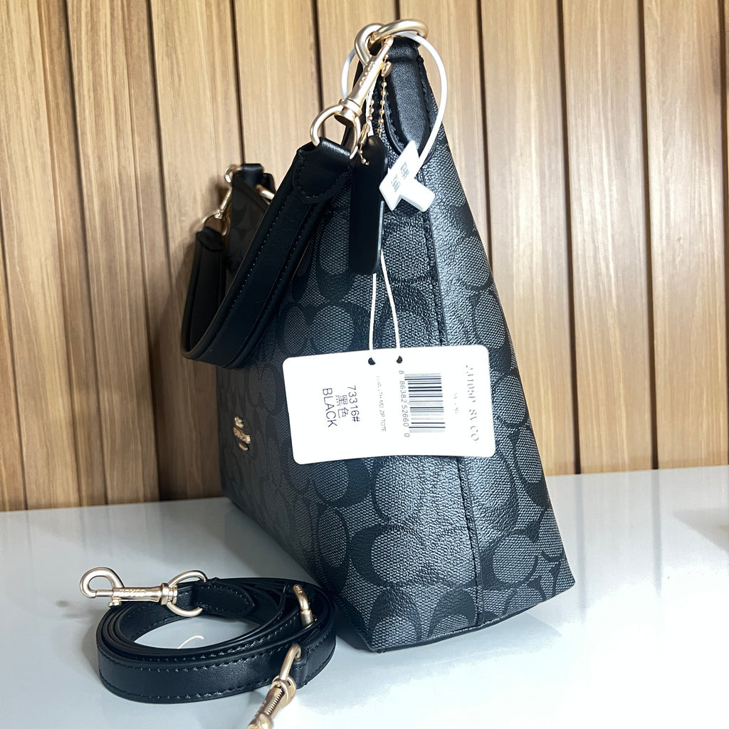 Logo Print Hobo Shoulder Bag – Charcoal & Black with Crossbody Strap by Meraki by Emaan Pakistan - Side View