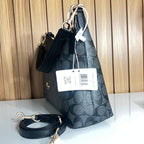 Logo Print Hobo Shoulder Bag – Charcoal & Black with Crossbody Strap by Meraki by Emaan Pakistan - Side View