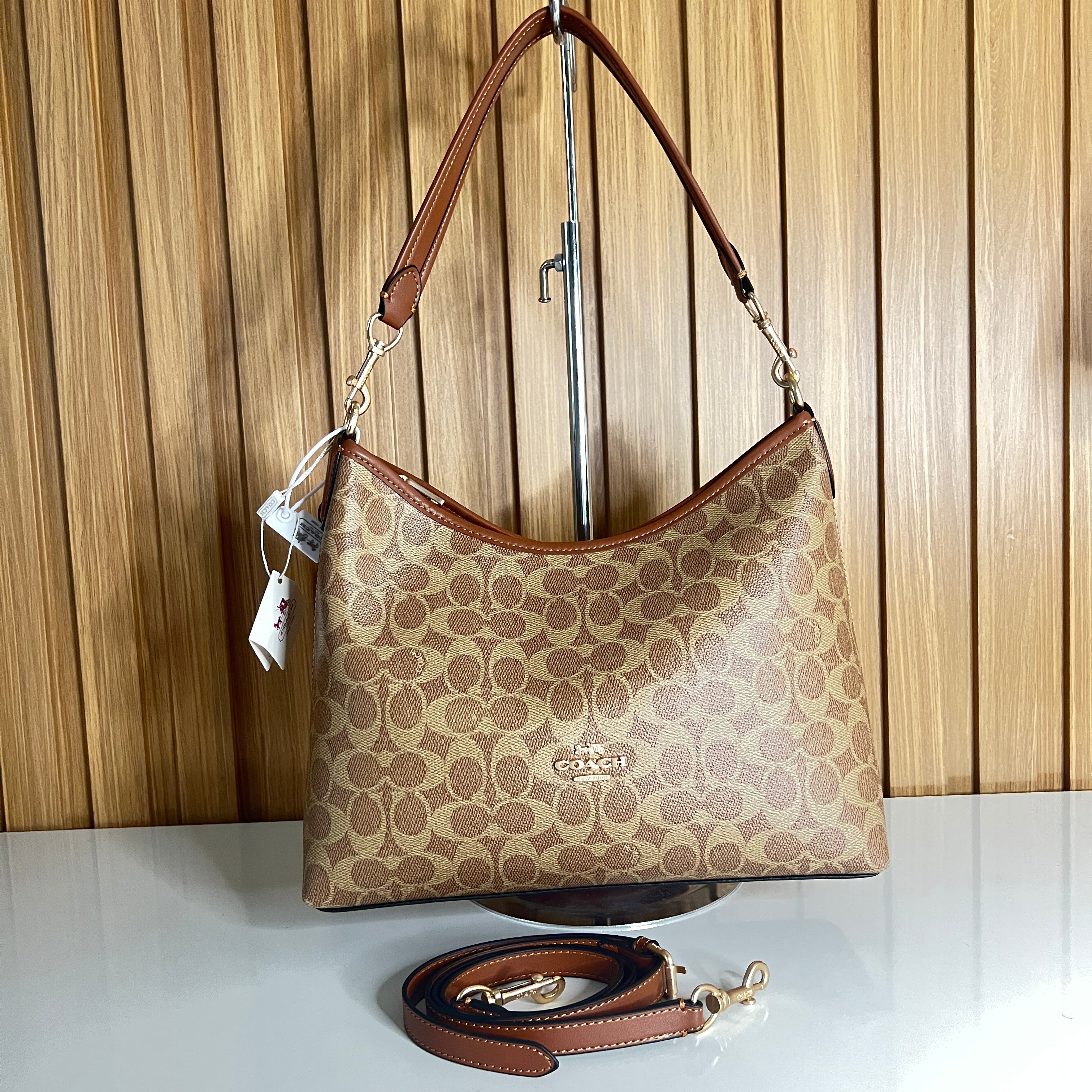 Logo Print Hobo Shoulder Bag – Khaki & Saddle with Crossbody Strap by Meraki by Emaan Pakistan - Front View-2