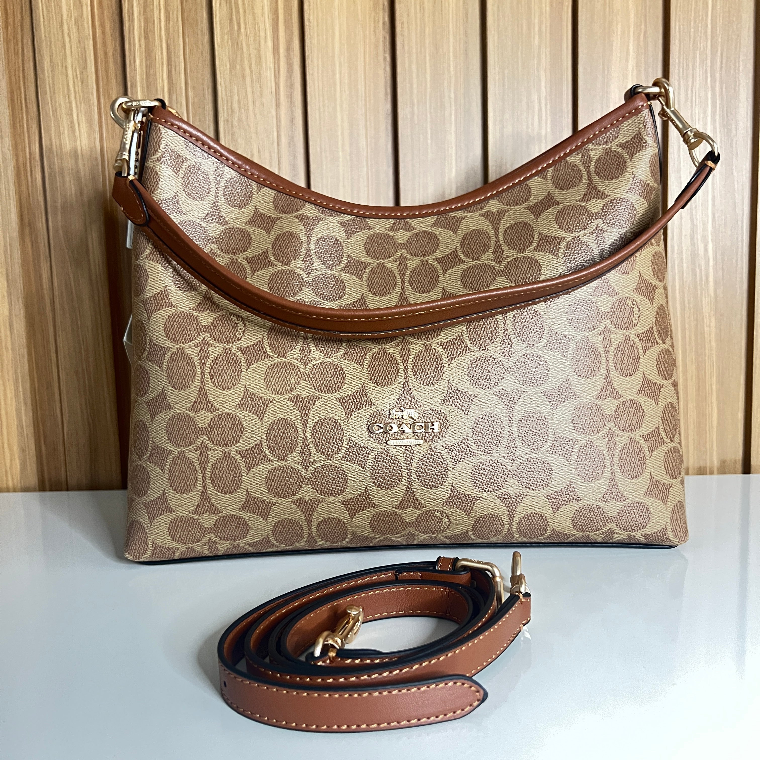 Logo Print Hobo Shoulder Bag – Khaki & Saddle with Crossbody Strap by Meraki by Emaan Pakistan - Front View