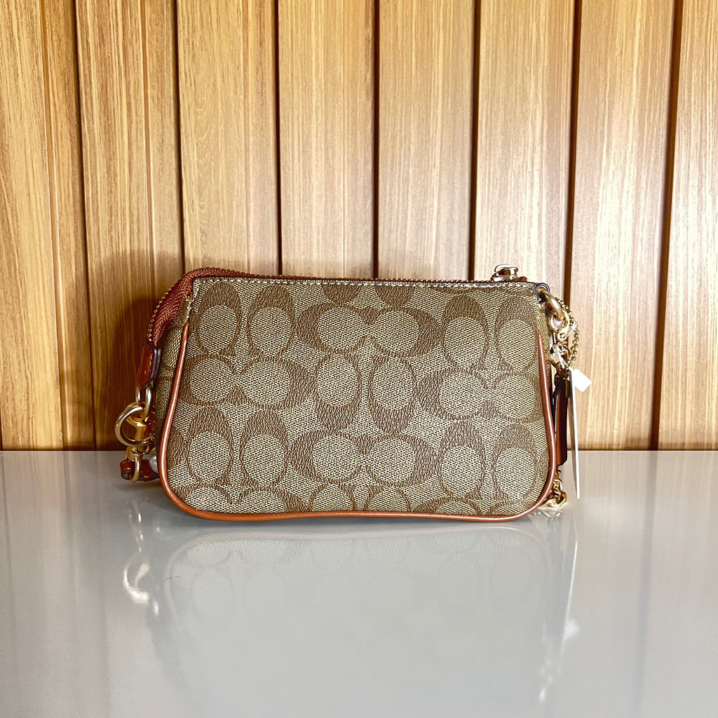 Logo Print Mini Clutch with Pearl & Gold Chain Strap – Khaki & Saddle by Meraki by Emaan Pakistan- Back View