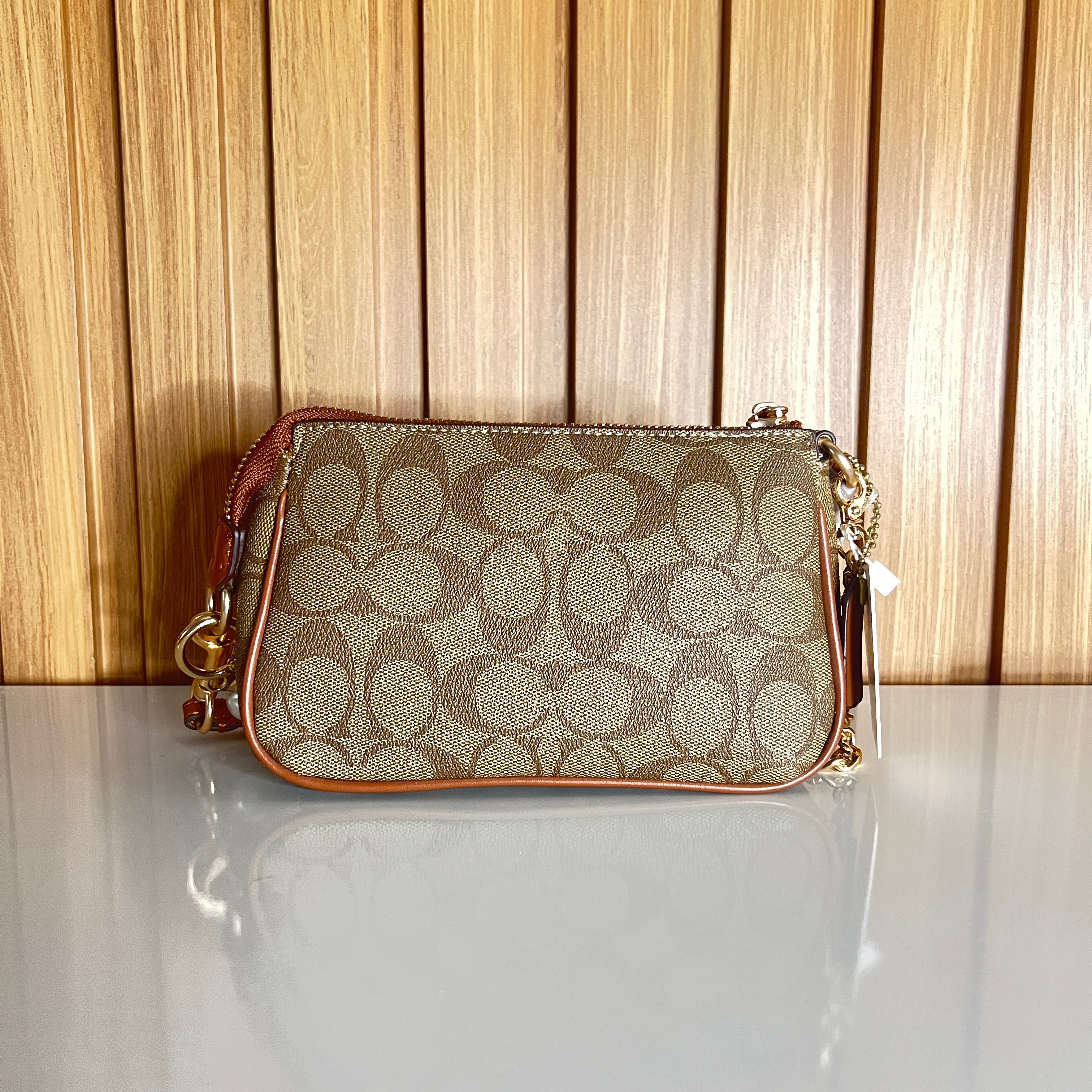 Logo Print Mini Clutch with Pearl & Gold Chain Strap – Khaki & Saddle by Meraki by Emaan Pakistan- Back View