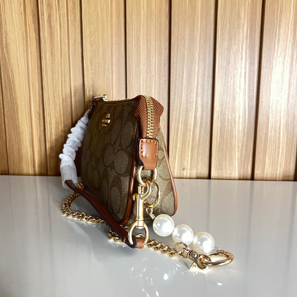 Logo Print Mini Clutch with Pearl & Gold Chain Strap – Khaki & Saddle by Meraki by Emaan Pakistan- Side View
