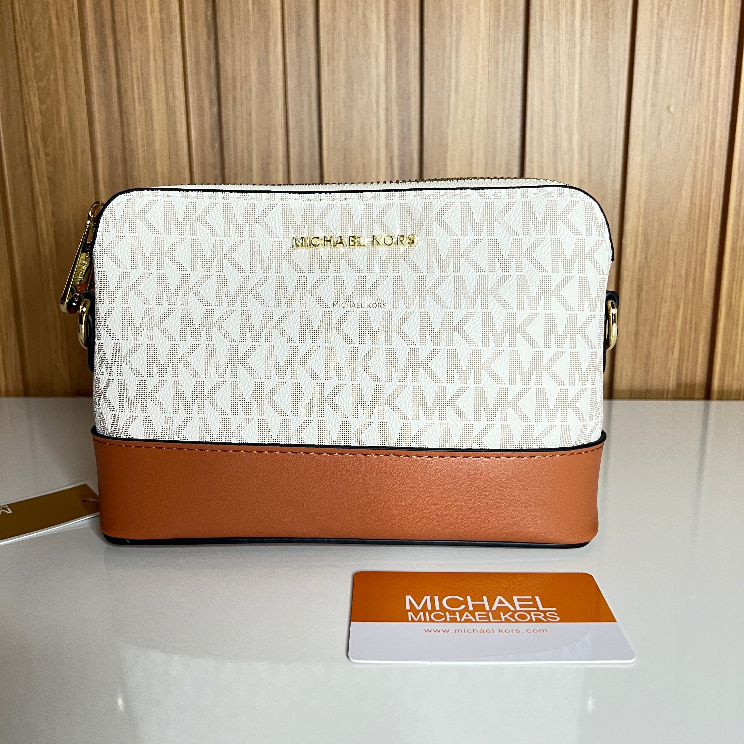 MK Signature Monogram Crossbody Camera Bag – Vanilla & Luggage Brown by Meraki by Emaan Pakistan - Front View