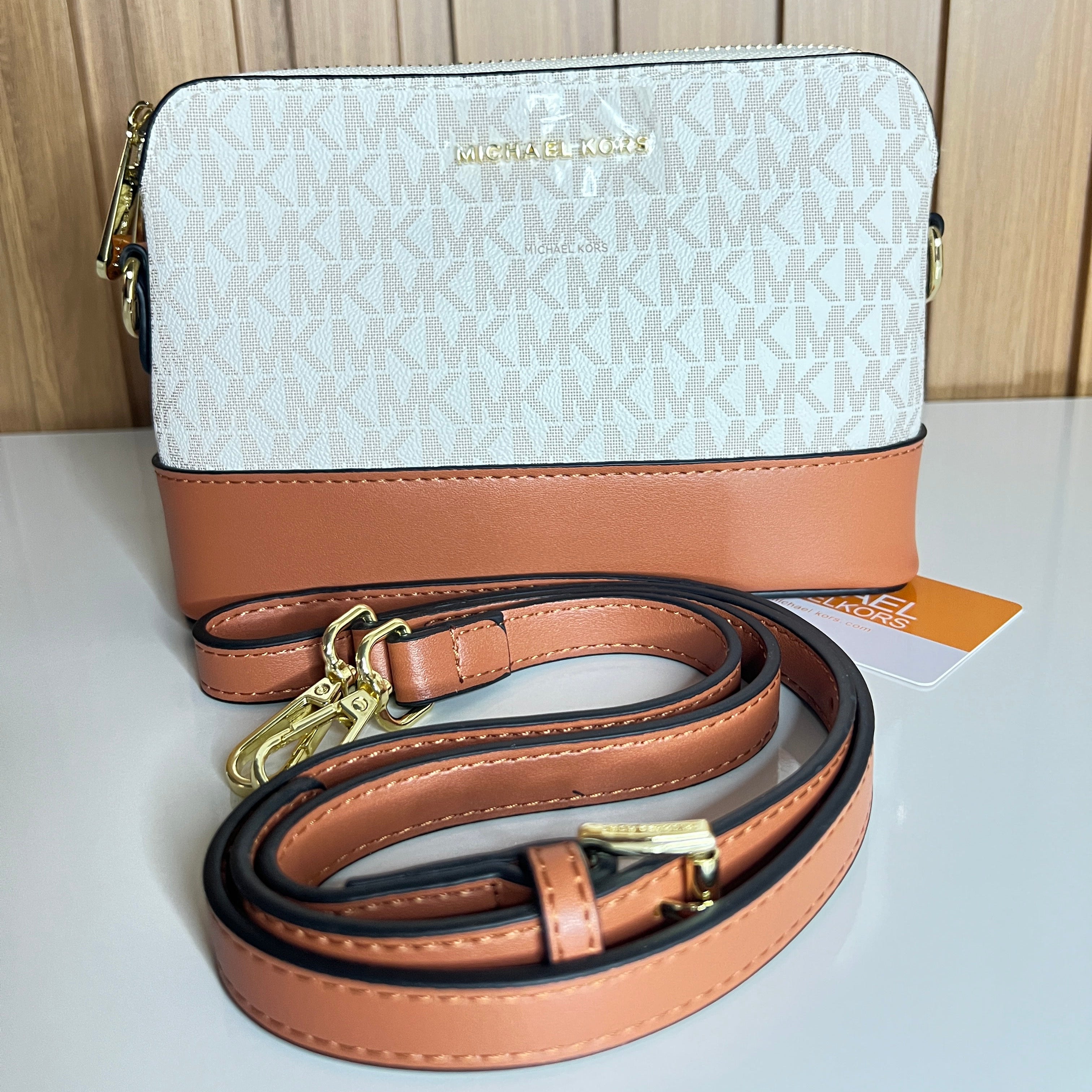 MK Signature Monogram Crossbody Camera Bag – Vanilla & Luggage Brown by Meraki by Emaan Pakistan - Front View with Strap