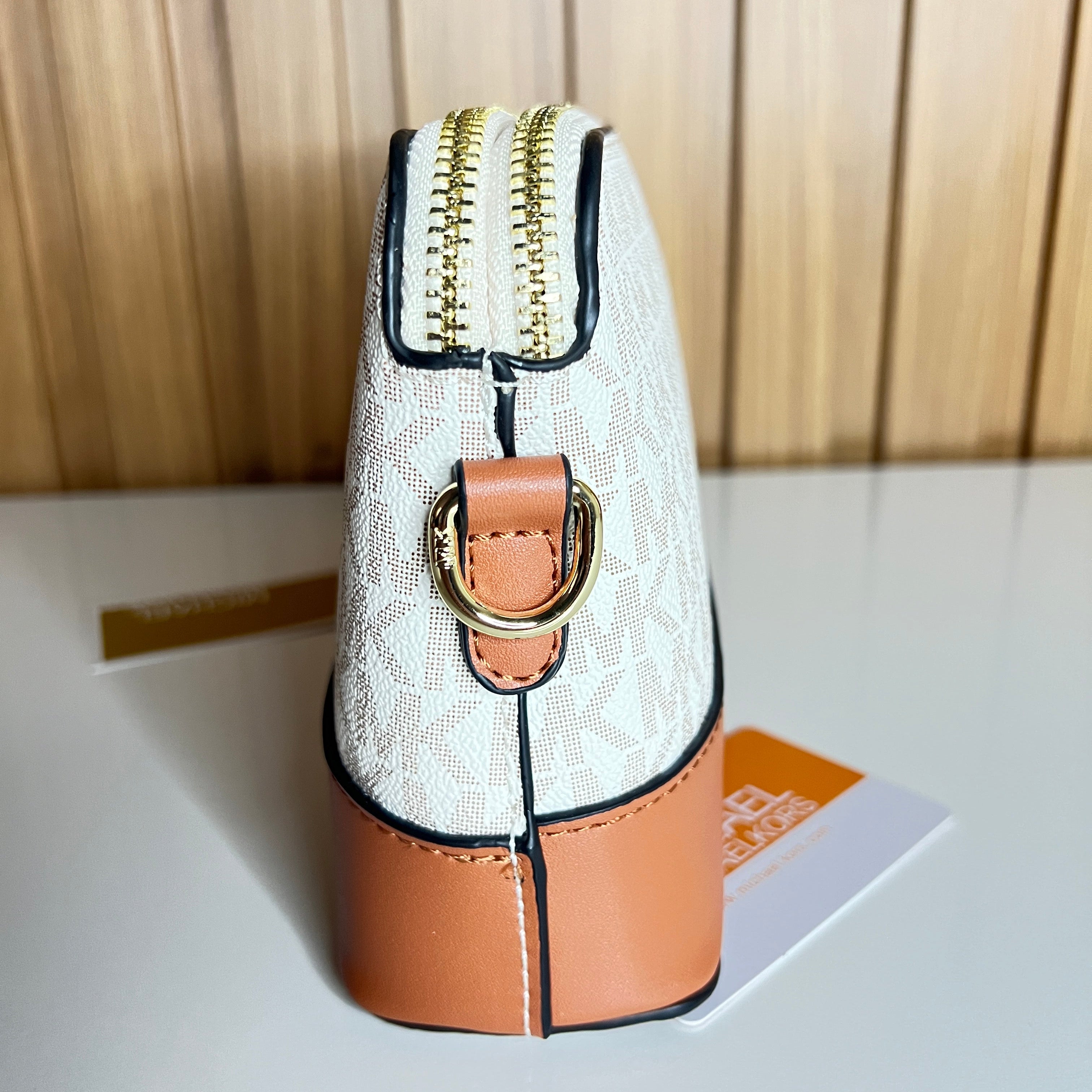 MK Signature Monogram Crossbody Camera Bag – Vanilla & Luggage Brown by Meraki by Emaan Pakistan - Front View with Strap - Side View