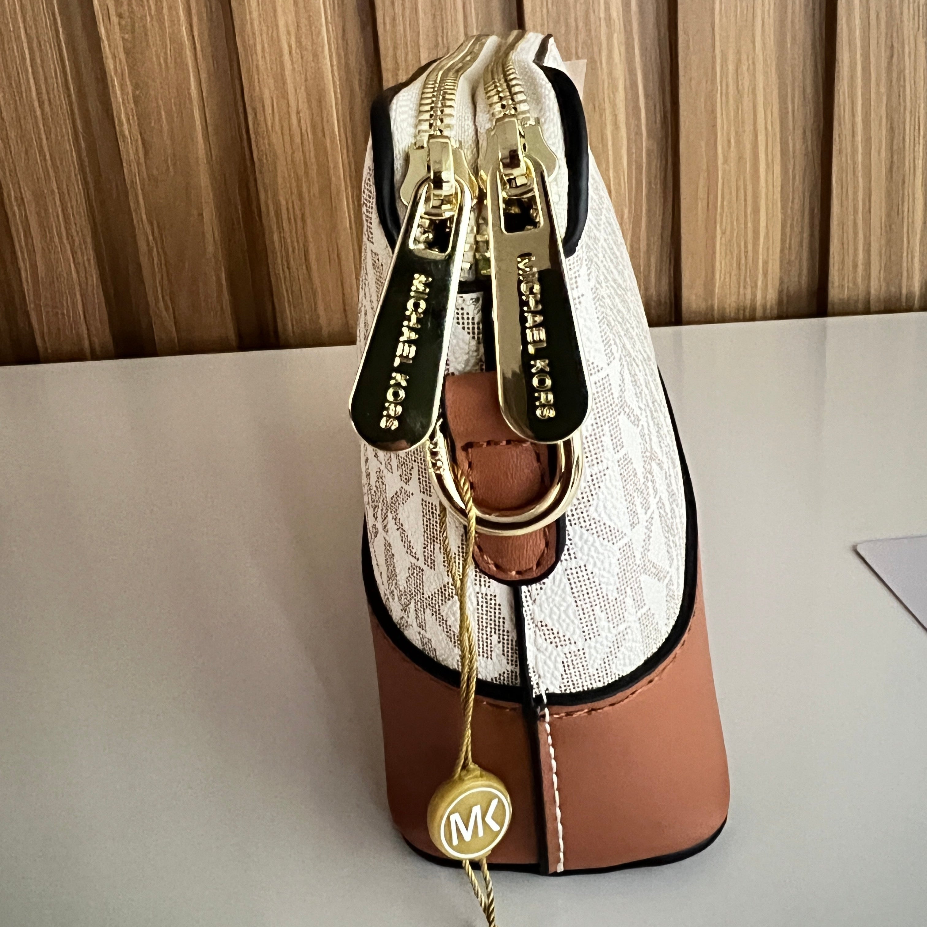 MK Signature Monogram Crossbody Camera Bag – Vanilla & Luggage Brown by Meraki by Emaan Pakistan - Front View with Strap - Zip Side View