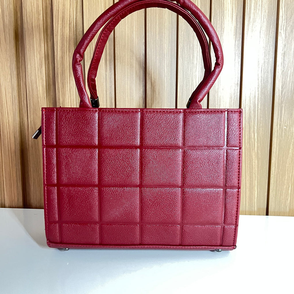 Maroon Quilted Tote Handbag for Women - Back View – Structured Top Handle Bag with Detachable Crossbody Strap