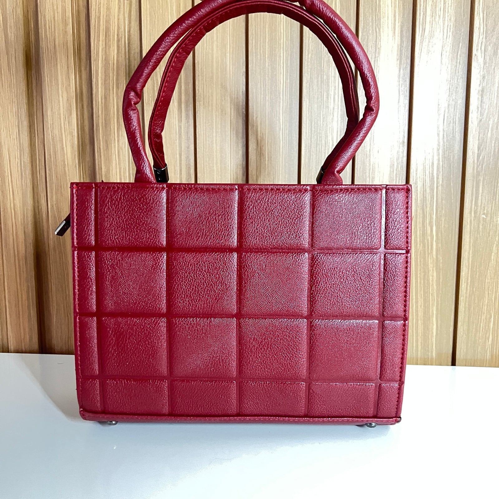 Maroon Quilted Tote Handbag for Women - Back View – Structured Top Handle Bag with Detachable Crossbody Strap