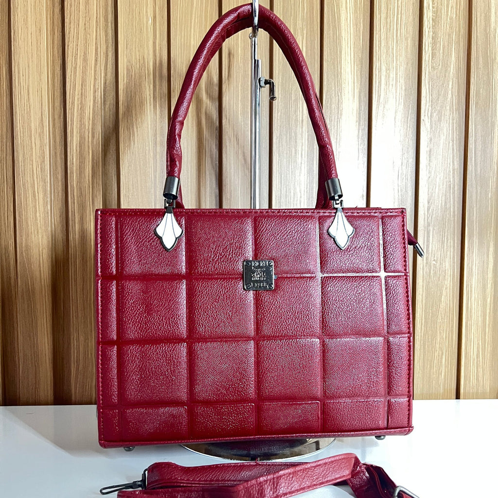 Maroon Quilted Tote Handbag for Women - Front View with Strap – Structured Top Handle Bag with Detachable Crossbody Strap