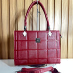 Maroon Quilted Tote Handbag for Women - Front View with Strap – Structured Top Handle Bag with Detachable Crossbody Strap