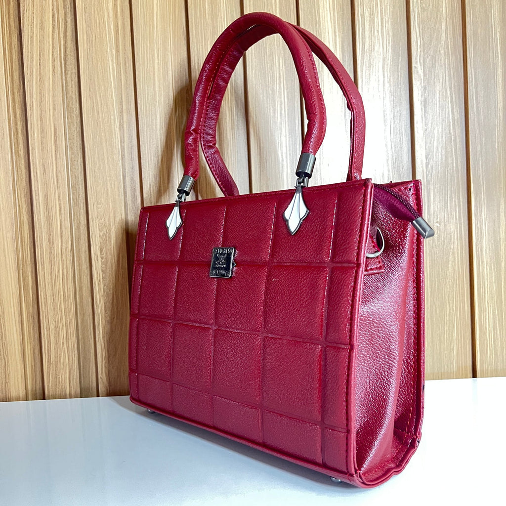 Maroon Quilted Tote Handbag for Women - Side View – Structured Top Handle Bag with Detachable Crossbody Strap