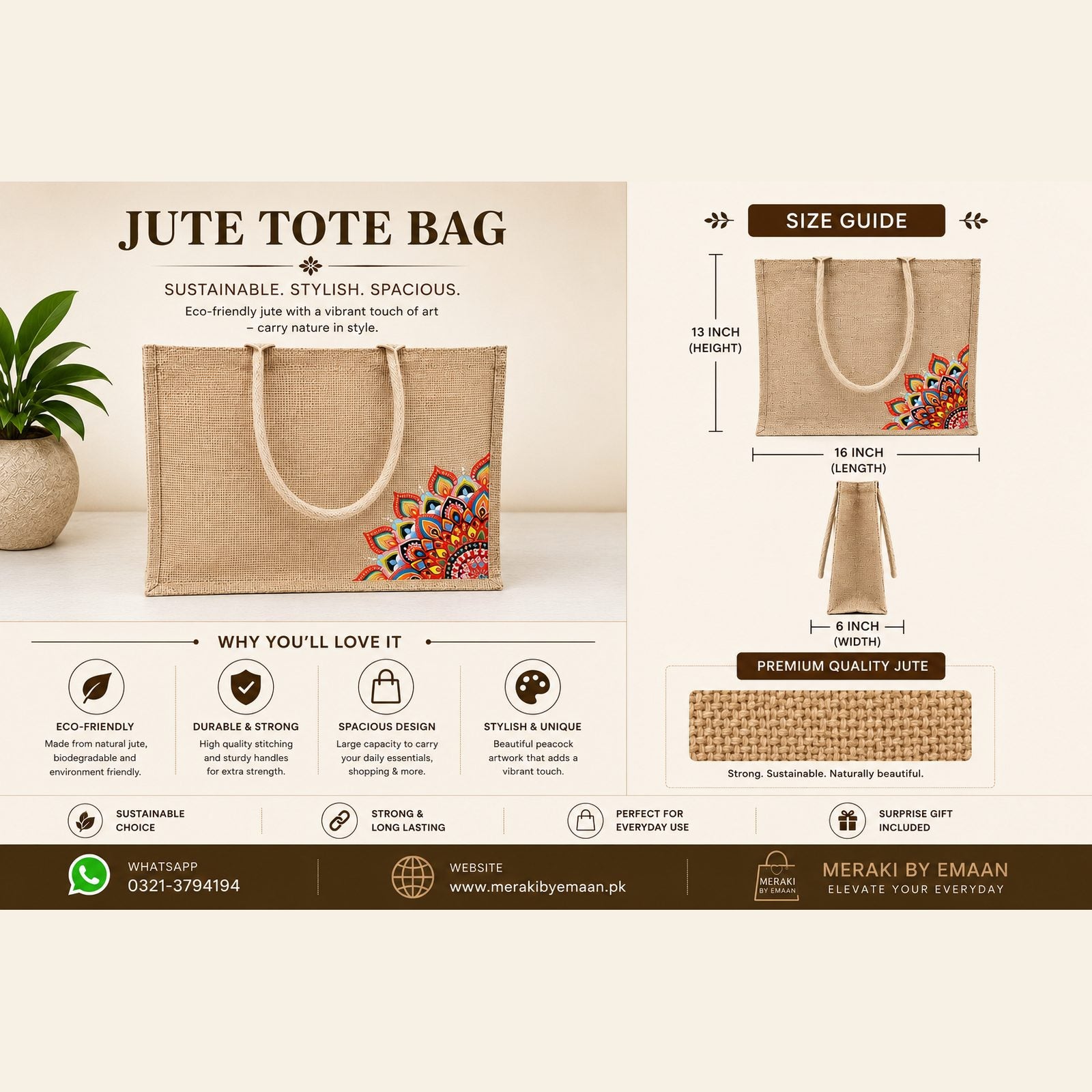 Natural Jute Tote Bag with Red Mandala Print