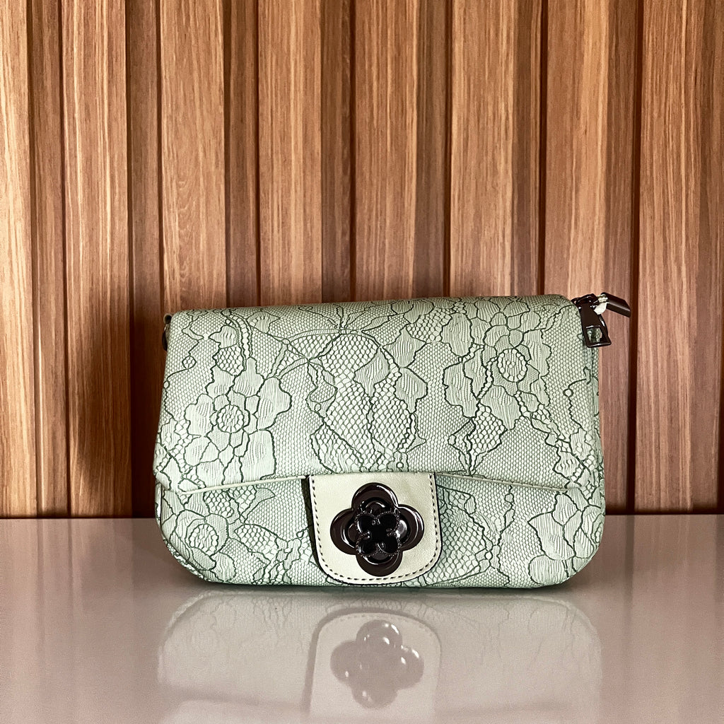 Mint sage green floral embossed crossbody bag front view – Meraki by Emaan Pakistan